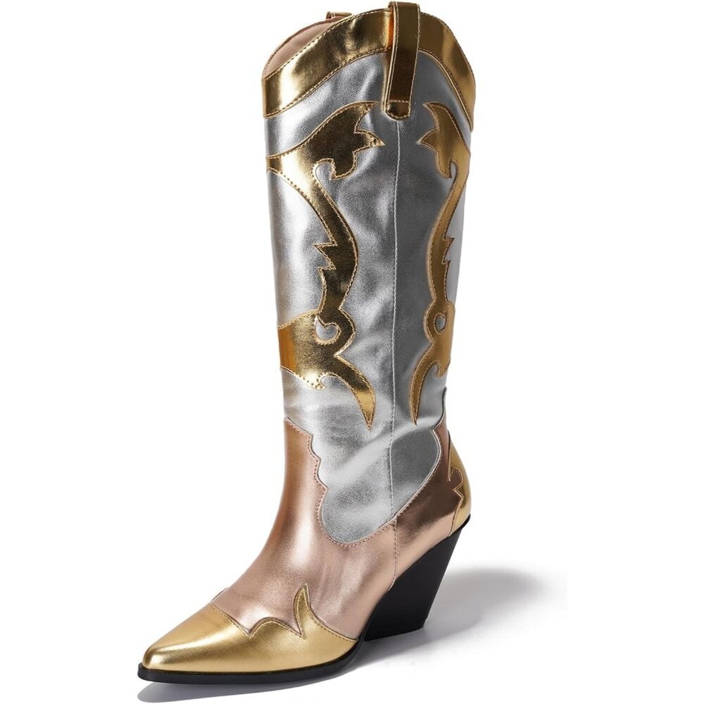 Women's Metallic Gold Mid Calf Western Pointed Toe Comfortable Heel Boots